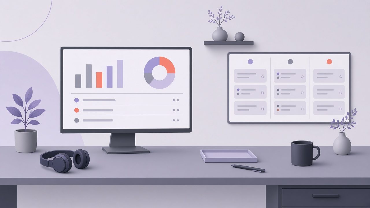An operations desk with a CRM dashboard and a ticket board